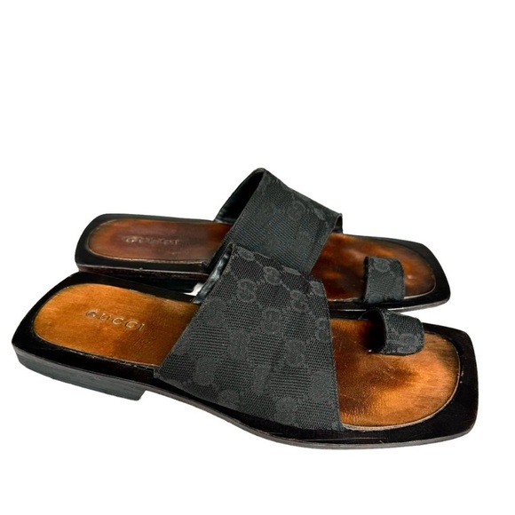 Gucci Shoes - GUCCI GG Canvas Monogram Black Leather Toe Loop Slides Sandals Women’s Size 41